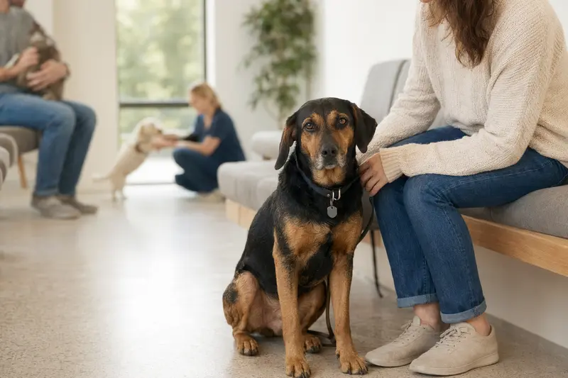 Ein Kopov Hund sitzt ruhig neben seinem Besitzer im hellen Wartezimmer einer modernen Tierarztpraxis.